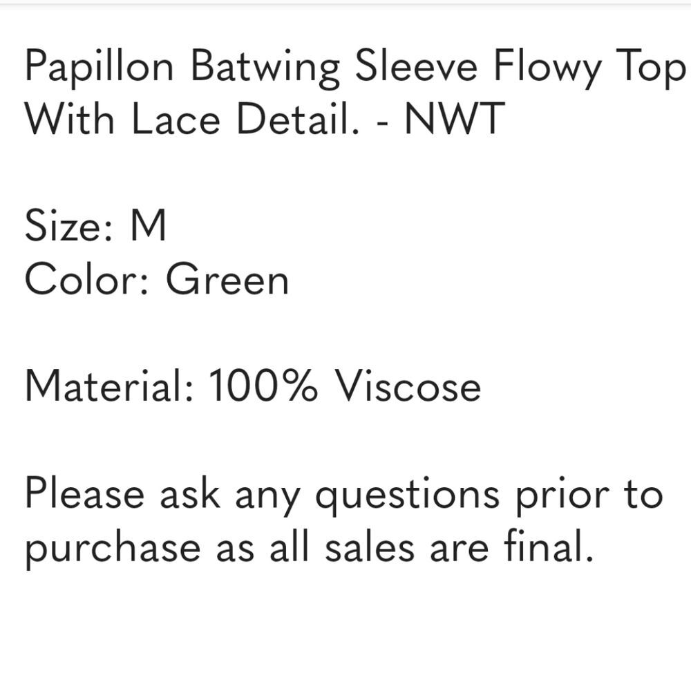 Papillon Batwing Sleeve Flowy Top With Lace Detail. - NWT - Picture 4 of 5